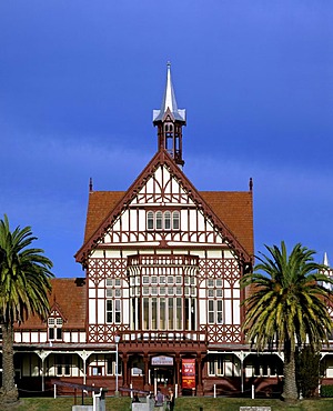 Half-timbered bath house in the botanical garden, Rotorua, North Island, New Zealand