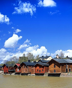 Old row of houses on the Porvoonjoki river, warehouses, South Finland