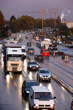 Rush hour on the A40 motorway, at a building site, near Bochum, North Rhine-Westphalia, Germany, Europe