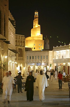 Souq al Waqif in the evening, oldest souq, bazaar in the country, the old part is newly renovated, the newer parts have been reconstructed in a historical style, Doha, Qatar