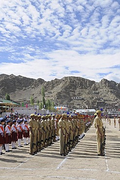 Indian soldiers from the base camp, Kashmir conflict, at a parade on Independance day, 15th September, on a former polo field in Leh, Ladakh, North India, Himalaya, Asia