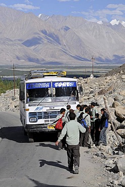 Students wearing uniforms getting on the school bus in Hunder, Nubra Valley, India, the Himalayas