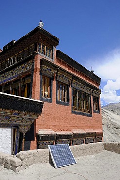 Thikse Monastery, solar panels with a glowing lamp, Ladakh, Jammu and Kashmir, North India, Himalayas, Asia