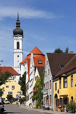 Herrenstrasse with Marienmuenster Cathedral in Diessen on Lake Ammersee, Pfaffenwinkel, Fuenfseenland, Upper Bavaria, Germany, Europe