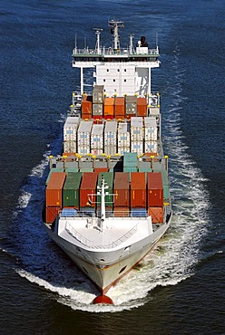 Containership full spead ahead on the Kiel Canal, Kiel, Schleswig-Holstein, Germany, Europe