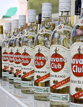 Several bottles of white rum in Havana Club Bar, Tryp Peninsula Hotel, Varadero, Cuba, Caribbean, America