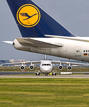 Lufthansa City Jet and a Lufthansa Boeing 747 at the Frankfurt Airport, Frankfurt am Main, Hesse, Germany, Europe