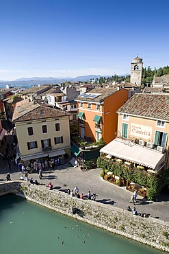 Panoramic view over the historic centre of Sirmione with the Santa Maria Maggiore Church, facing north, Lake Garda, Lago di Garda, Lombardy, Italy, Europe