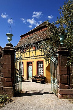 Historic Alsation electricity substation with entrance gate, eco-museum, Ungersheim, Alsace, France, Europe