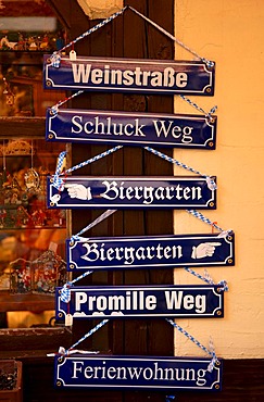 Street- and souvenir signs in the Handwerkerhof or Artisan Courtyard in Nuremberg, Bavaria, Germany, Europe
