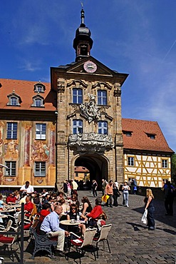 Old town hall, tourists in cafe at front, Bamberg, Upper Franconia, Bavaria, Germany, Europe