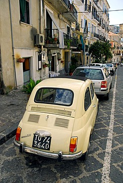 Fiat 500 in a residential area, Pizzo, Vibo Valentia, Calabria, South Italy, Italy, Europe