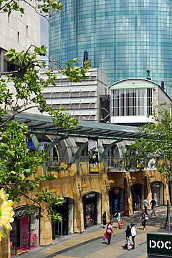 Beurstraverse shopping centre, also known as Koopgoot, in front of the World Trade Center, WTC, a tower with a glass facade at the Beursplein, Rotterdam, South Holland, the Netherlands, Europe