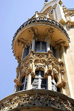 Bay window with round balconies on the Placa Weyler, Plaza Weyler, former Gran Hotel from approx. 1902, today cultural center of the Fundacio La Caixa, Palma de Mallorca, Mallorca, Balearic Islands, Spain, Europe