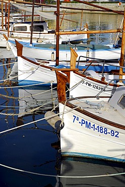 White fishing boats and sailing boats in the port at the Passeig Maritim, Port de Palma, Palma de Mallorca, Majorca, Balearic Islands, Mediterranean Sea, Spain, Europe