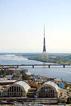 View from the St. Peter's Cathedral on the Central Market, Centraltirgus, the Daugava, Duena river and the television tower, Riga, Latvia, Baltic States, Northeast Europe