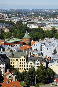 View from St. Peter's Church, Sv. Petera baznica, over the Pulvertornis, Powder Tower, in the historic town centre, Vecriga, Riga, Latvia, Baltic states, Northeastern Europe