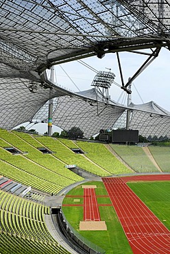 Olympia Park, Olympia Stadium at Olympiazentrum, Olympia Centre, modern architecture with an innovative roof construction, Munich, Upper Bavaria, Bavaria, Germany, Europe