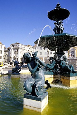 Fountain with sculptures on Rossio Square, Praca de Dom Pedro IV, old city, Lisbon, Portugal, Europe