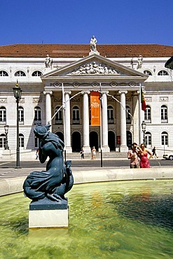 Teatro Nacional Dona Maria II, classicist national theatre on Rossio Square, in the front a fountain with sculptures on Rossio Square, Praca de Dom Pedro IV, old city, Lisbon, Portugal, Europe