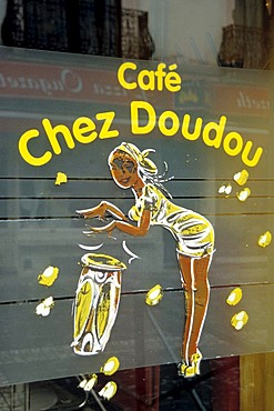 Chez Doudou cafe, picture on a cafe-window, Rue Longue Vie, Matonge, Ixelles, Brussels, Belgum, Benelux, Europe