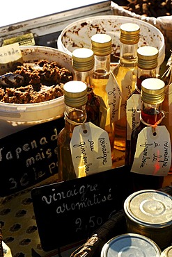Vinegar for sale at the Nimes Market, Provence, France, Europe