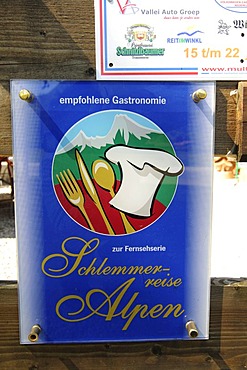 Sign for Schlemmerreise Alpen or Alpine Gluttony Tour, Windbeutelgraefin Cafe, Ruhpolding, Chiemgau, Bavaria, Germany, Europe