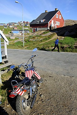 US Star-Spangled Banner motorbike, Tasiilaq, Ammassalik, East Greenland, Greenland