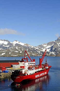 Supply ship of Royal Arctic Line in Kong Oscar Fjord, Ammassalik, East Greenland, Greenland