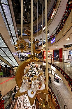 Christmassy decorated shopping centre with escalator, City Point, Nuremberg, Middle Franconia, Bavaria, Germany, Europe