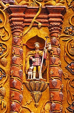 Figure of a saint on the Landa Mission Church in the Sierra Gorda, Huasteca, Mexico, North America