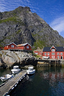 Wooden houses built on stilts, Rorbuer, wharf, village of &, Lofoten, Norway, north of the polar circle, Scandinavia, Europe