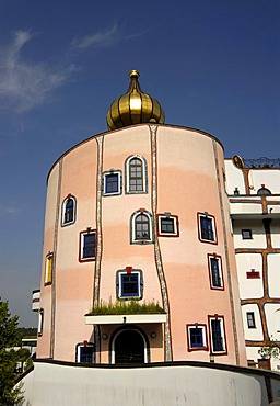 Eccentric architecture of Rogner Thermal Spa and Hotel, designed by Friedensreich Hundertwasser in Bad Blumau, Austria, Europe