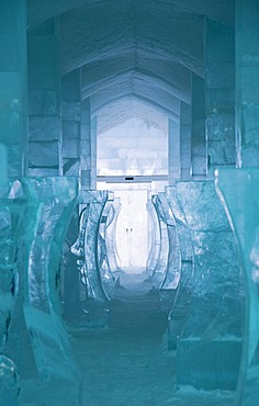 Long corridor in the Icehotel in Jukkasjaervi, Lappland, North Sweden, Sweden