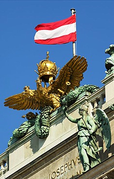 Imperial double-headed eagle and the Austrian flag on the roof of the national library, Hofburg Imperial Palace, Vienna, Austria, Europe