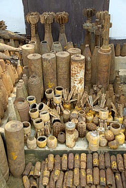 Collection of old rusty American bombs, dropped on Laos during the 2nd Indochina war by the US Airforce, Vietnam war, Phonsavan, Xieng Khuang Province, Laos, South East Asia