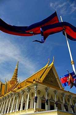 Blowing national flags at the Throne Hall, Royal Palace, Phnom Penh, Cambodia, Southeast Asia