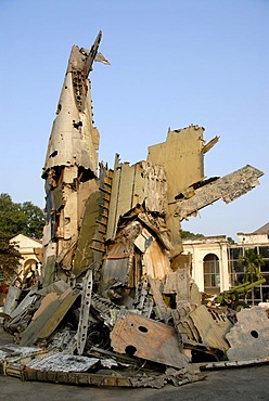 Smashed American combat aircraft as a memorial to the Vietnam War, Vietnam Military History Museum, Hanoi, Vietnam, Asia