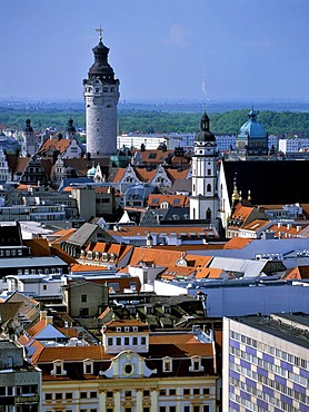 Panoramic city view, Neuer Rathausturm, New Town Hall Tower, Thomaskirche Church, Leipzig, Saxony, Germany, Europe