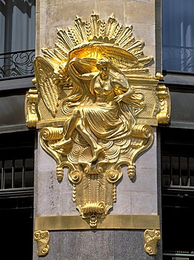 Gilded statue on the facade of the Commerz bank, Thomaskirchhof, Leipzig, Saxony, Germany, Europe