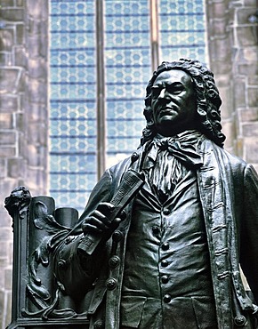 Johann Sebastian Bach monument at Thomas Church, Leipzig music trail, Leipzig, Saxony, Germany, Europe