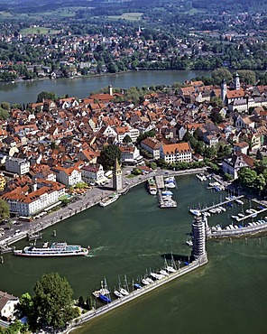 Aerial picture, Lindau on Lake Constance, historic centre, harbour, Swabia, Bavaria, Germany, Europe