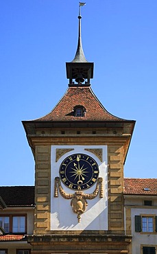 Clock on Berne Gate, Murten in the canton of Fribourg, Switzerland, Europe