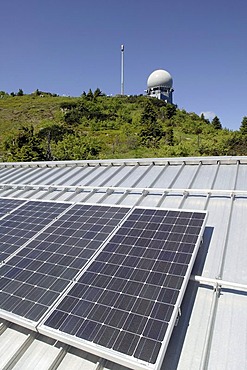 Photovoltaic system on the roof of the mountain station of the Arber Mountain Railway at Mount Grosser Arber near Bayerisch Eisenstein in the Bavarian Forest, Bavaria, Germany, Europe