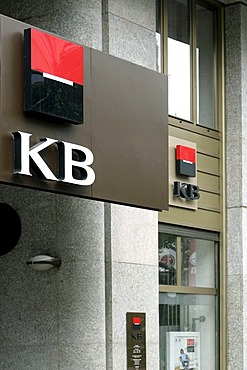 Logo on the headquarters of the Komercni Banka KB bank in Prague, Czech Republic, Europe