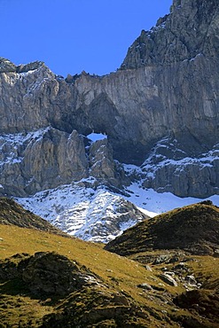 Glarus thrust and Martinsloch, UNESCO World Natural Heritage Site, Swiss Tectonic Arena Sardona on Segnes Pass, Elm, Glarus, Switzerland, Europe