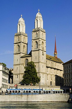 Twin towers of the Grossmuenster Church, the symbol of the city of Zurich, Switzerland, Europe