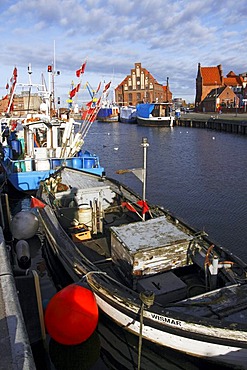 Fishing boats in the old harbour of Wismar on the Baltic Sea coast, UNESCO World Heritage Site, Hanseatic League city of Wismar, Mecklenburg-Western Pomerania, Germany, Europe