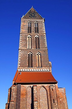 Remaining west tower and side chapels of the historic Church of St. Mary in the historic city centre of Wismar, UNESCO World Heritage Site, Hanseatic League city of Wismar, Mecklenburg-Western Pomerania, Germany, Europe