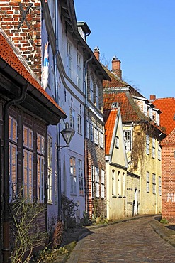 Romantic alley, old cobbled street with historic houses in the city centre, hanseatic city of Lueneburg, Lower Saxony, Germany, Europe